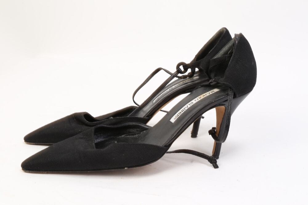 Manolo Blahnik Black Canvas Pointed Toe Cut Out Ankle Strap Pumps Size 35.5